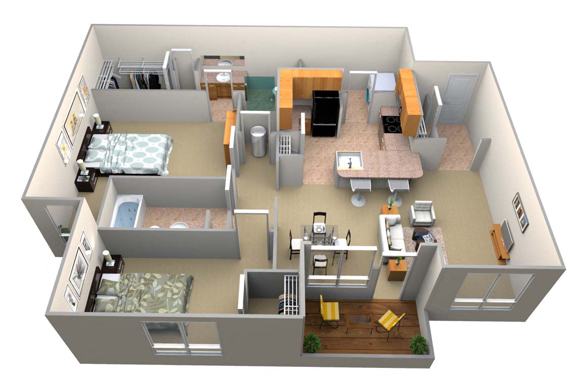 Floor plan for 2 beds, 2 baths, 1285 sqft